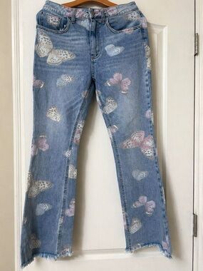 Tinseltown Butterfly Print Jeans | Y2K Cottagecore Denim | Raw Hem | Size 9